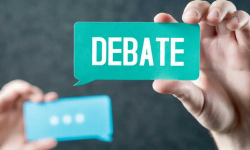 Word debate on a green speech bubble